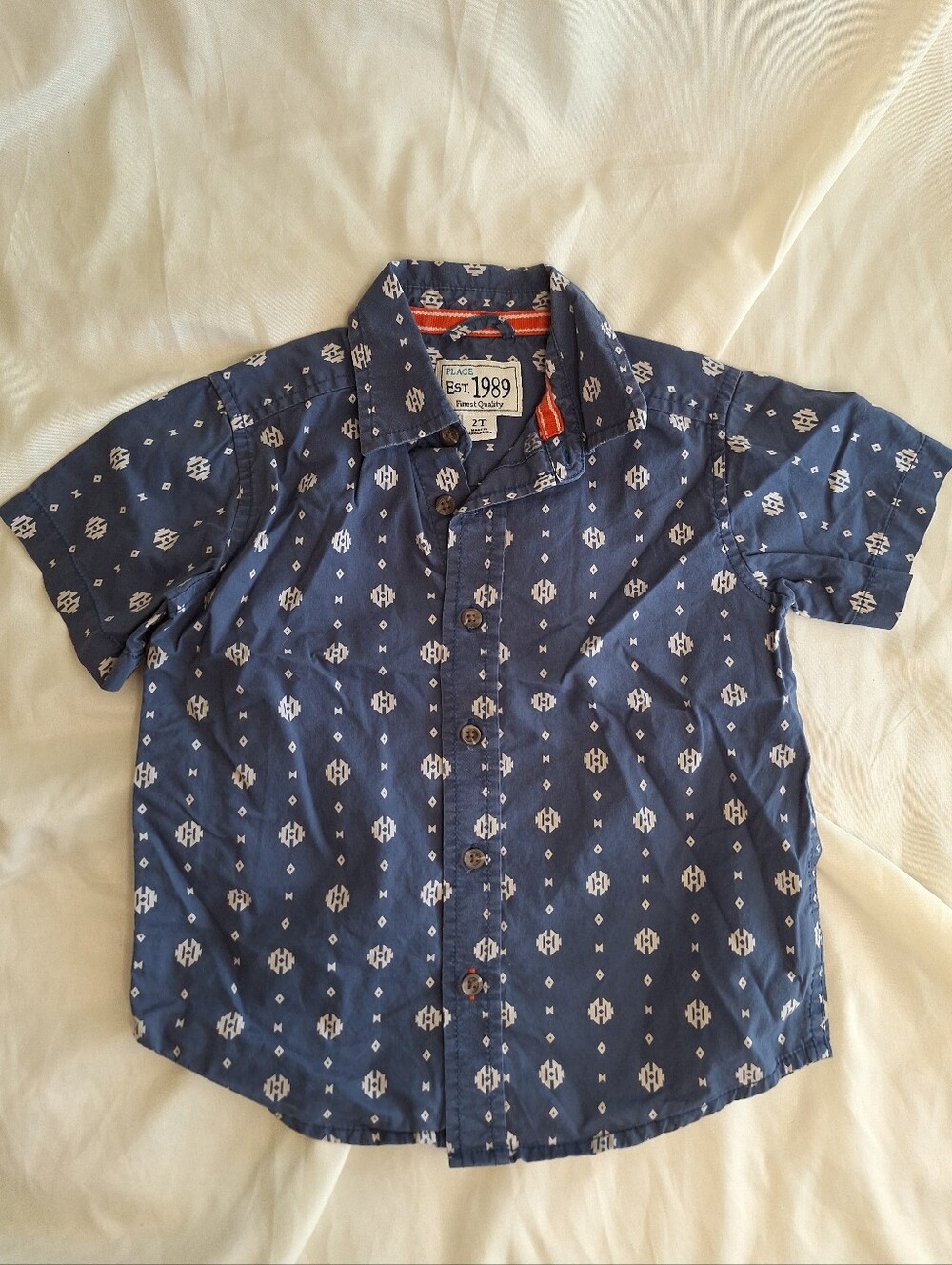 The Children's Place Navy Short-Sleeve Button-Down Shirt White Geo Print Size 2T